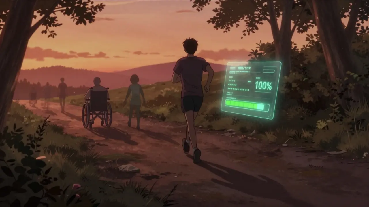Runner jogging at sunset with a translucent AI progress bar floating beside them.