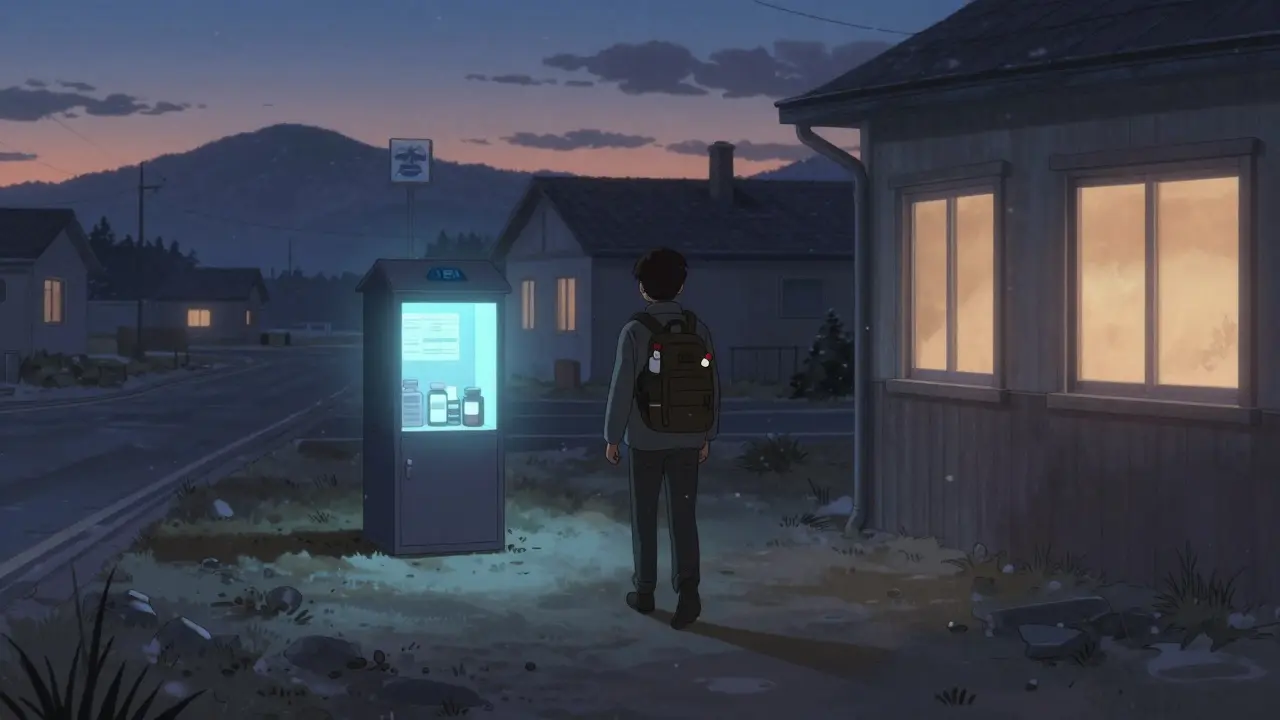Someone walking to a distant drug take-back kiosk in a quiet rural landscape at dusk.