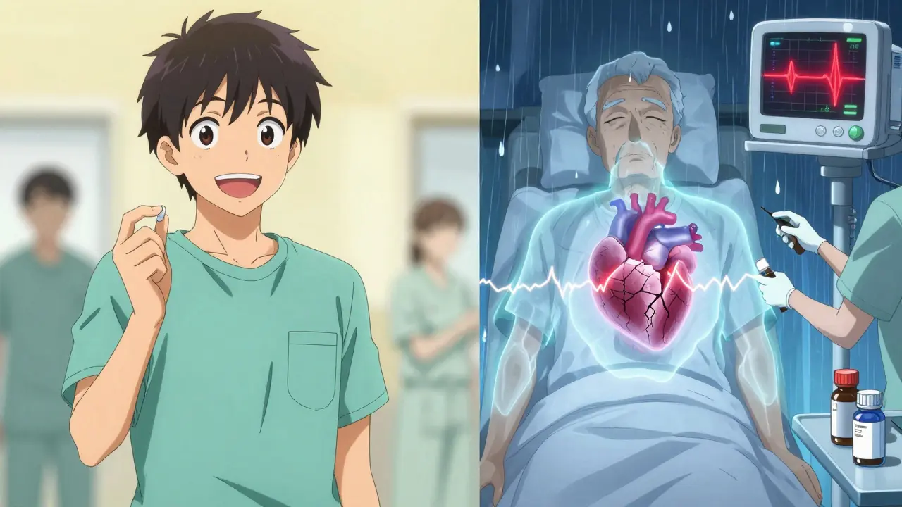 Split scene: healthy young patient with oral tablet vs. elderly patient with cardiac alarm and cracking heart.