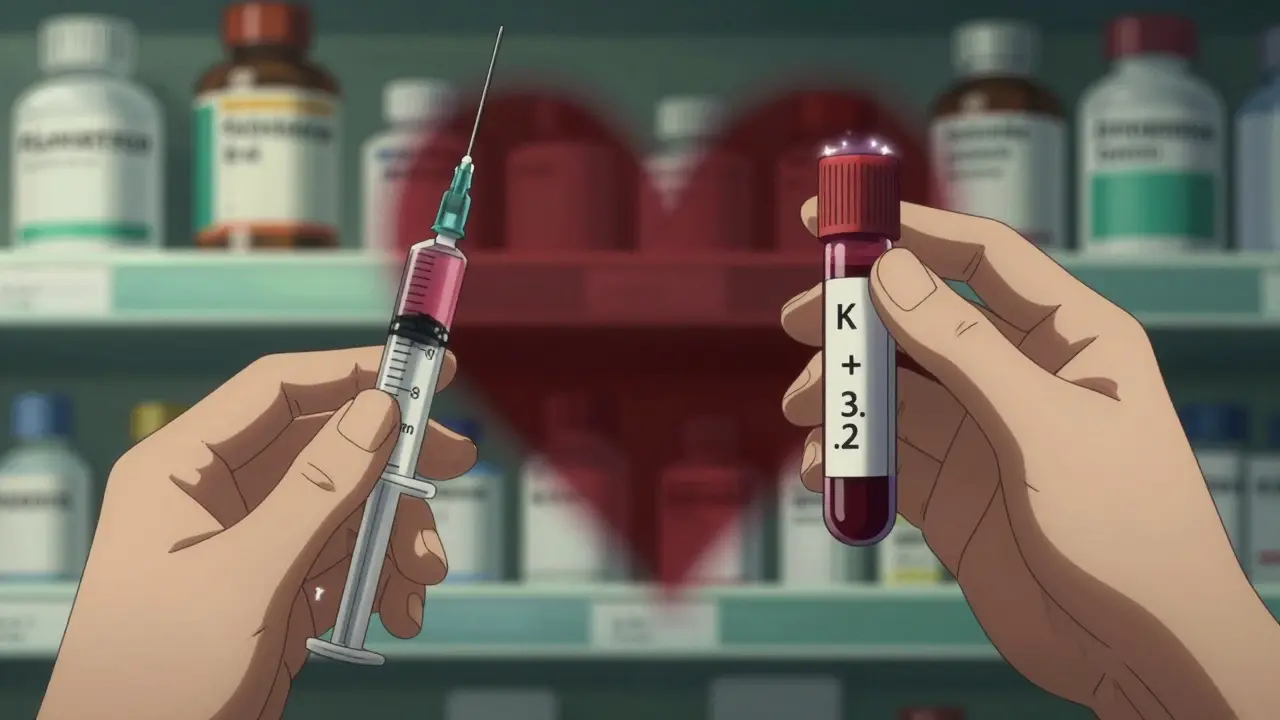 Syringe with 8mg ondansetron beside low potassium blood sample, other antiemetics in background.