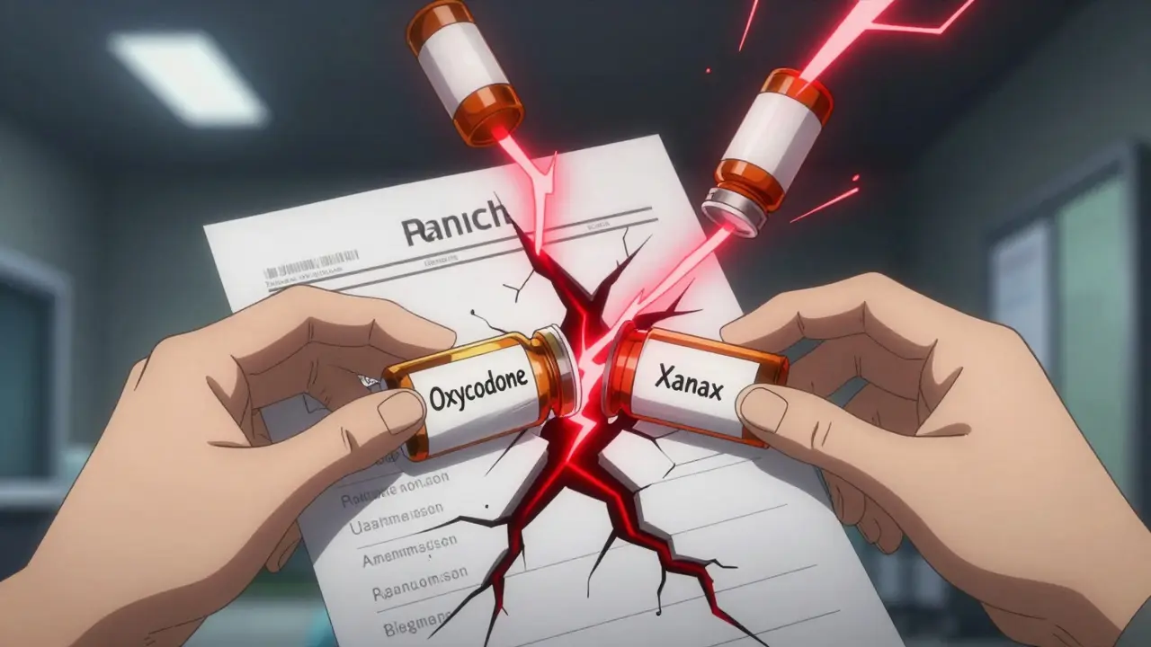 Two hands reaching toward prescription bottles of oxycodone and Xanax, with a cracking medical chart and crimson veins spreading.