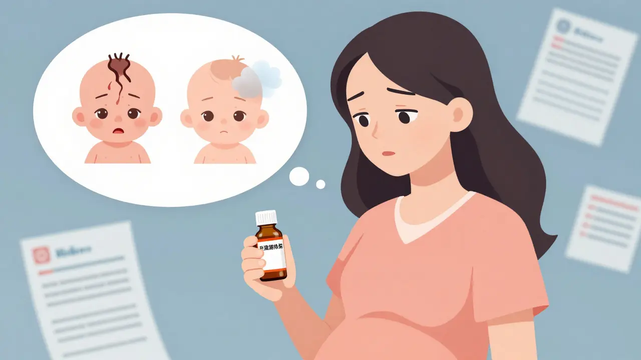 Woman holding acetaminophen bottle with thought bubble showing health risks versus fever danger.