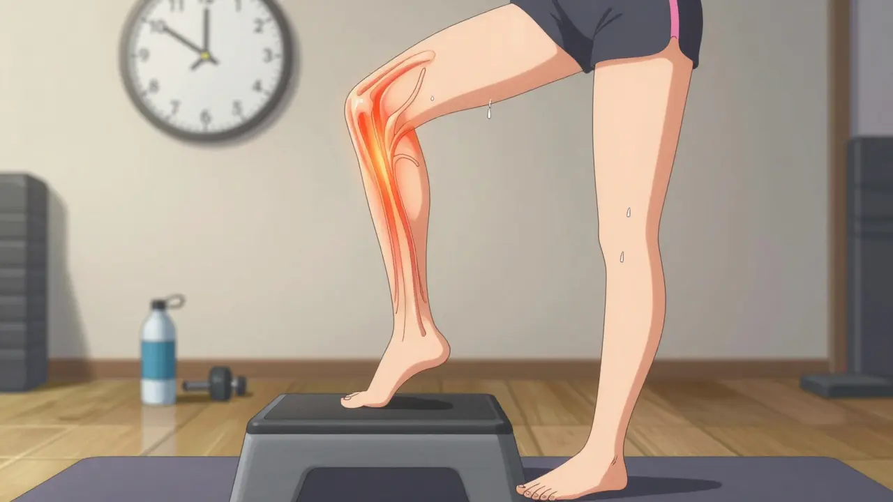 Woman performing eccentric heel drops for Achilles tendinitis, with motion blur and timeline overlay.