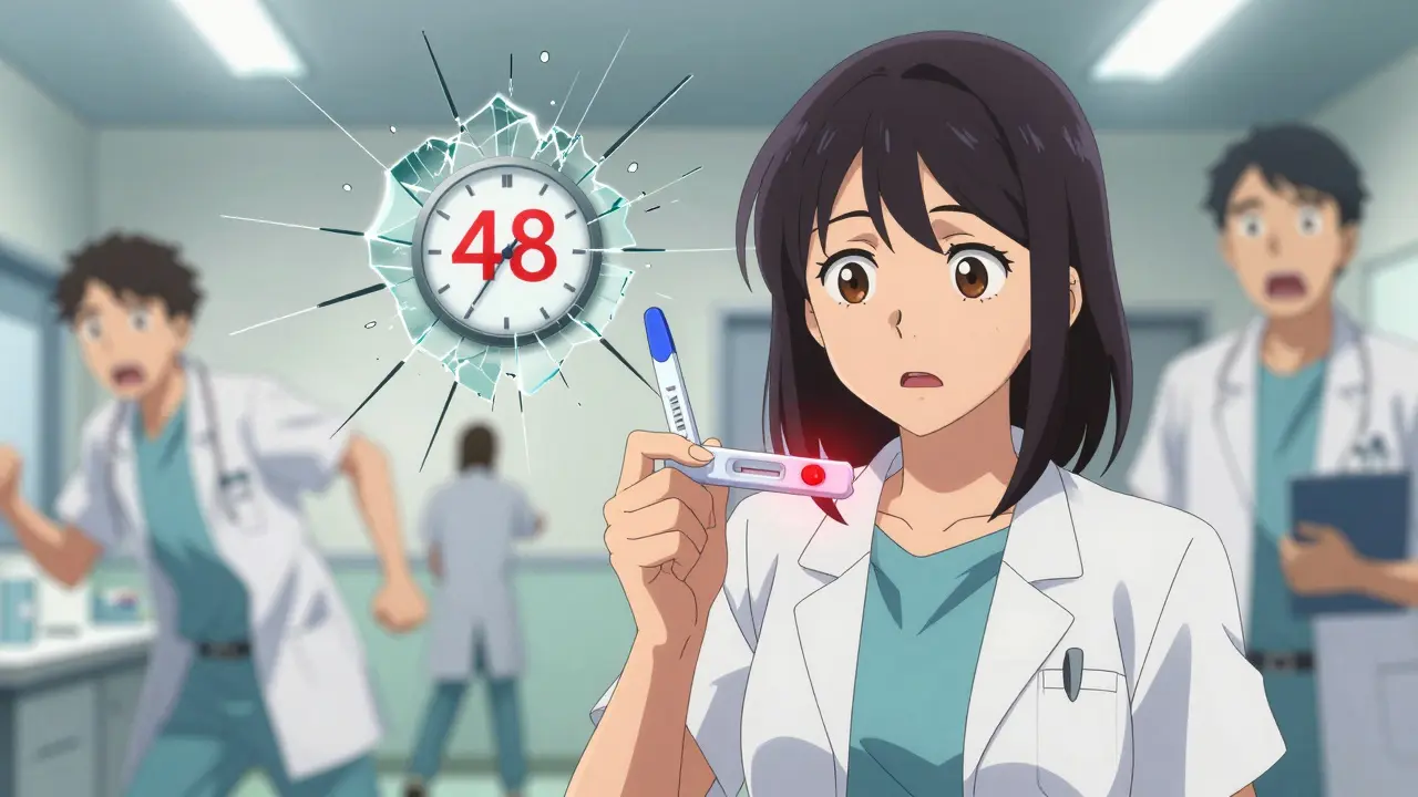 Woman receiving a positive flu test result in urgent care, clock ticking past the 48-hour treatment window.
