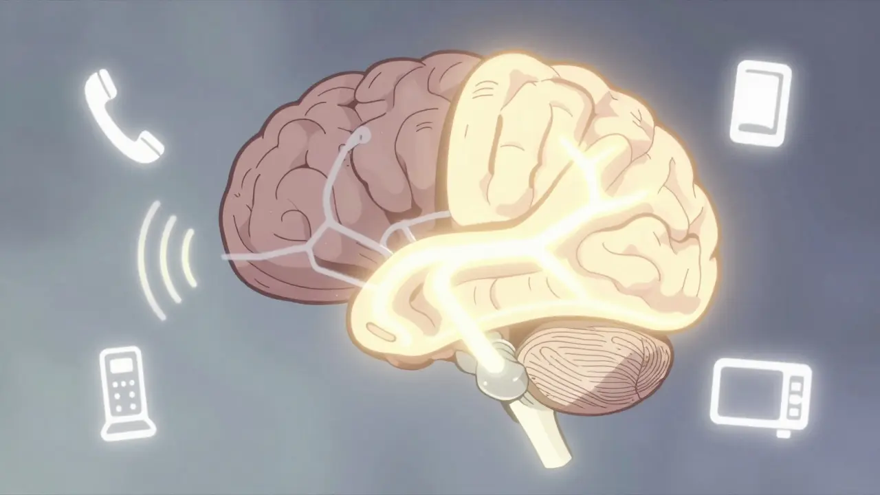 A brain's neural pathways light up as sound waves restore connection, symbolizing cognitive recovery from hearing loss.