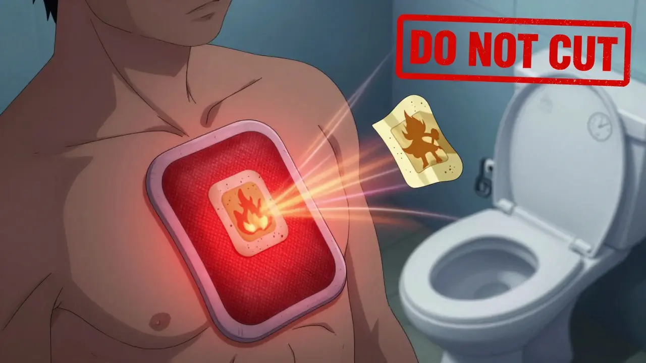 A fentanyl patch on the chest glows red from heat, with a folded patch floating toward a toilet and 'DO NOT CUT' warning visible.