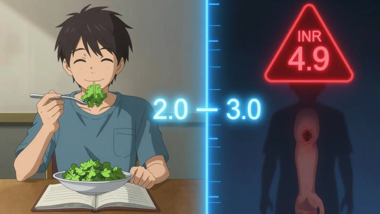 A patient eating consistent greens while a red INR warning flashes nearby, contrasted with a calm therapeutic range zone.