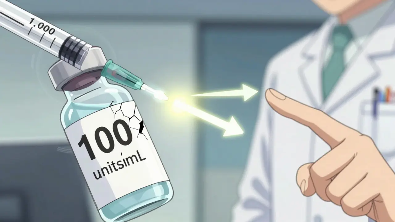 An insulin vial's label shows '100 units/mL', but a ghostly overlay reveals it contains 1,000 units total, with a syringe nearby.