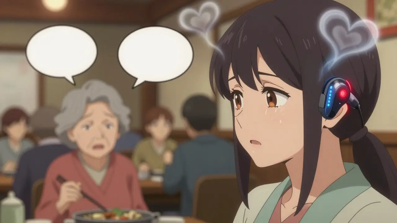 An older woman in a restaurant wears modern hearing aids that amplify her daughter's voice amid muffled noise.