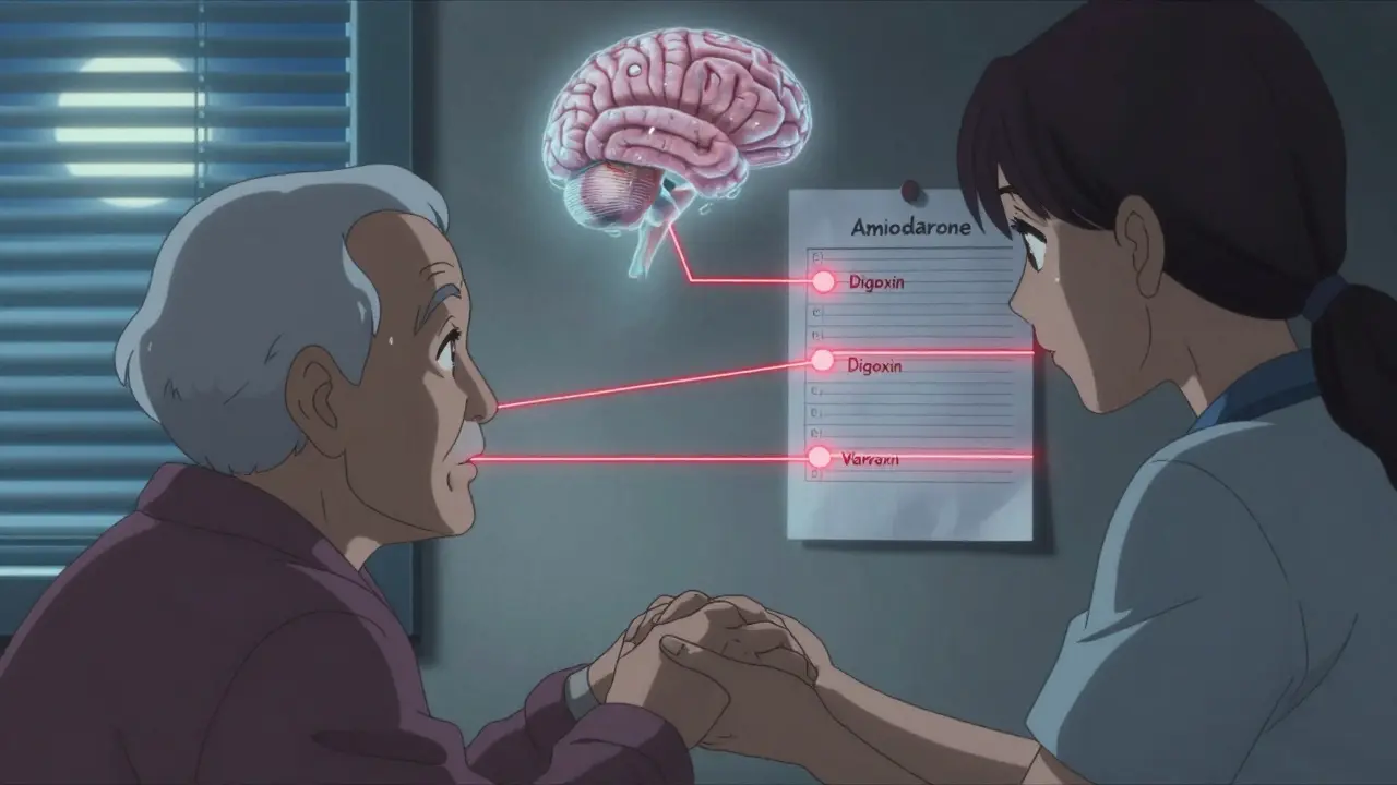 Caregiver holding elderly person's hand as ghostly images of injury float above