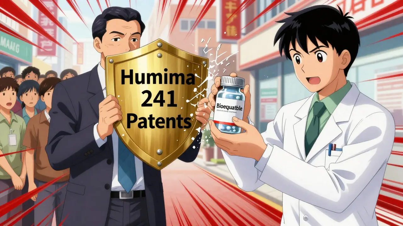 Corporate executive blocking patients with a patent shield, while a pharmacist shatters it with a generic pill bottle.