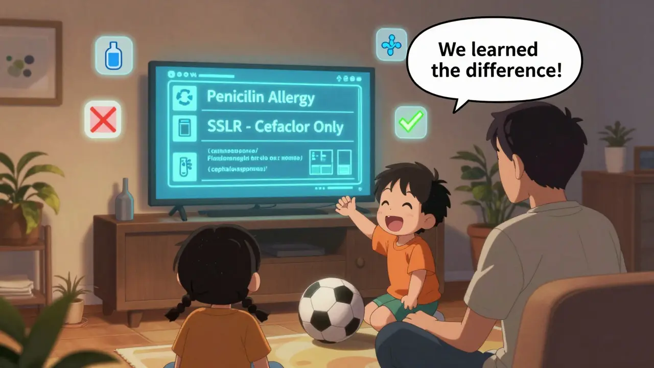 Family in living room with updated medical record showing correct SSLR diagnosis instead of penicillin allergy.