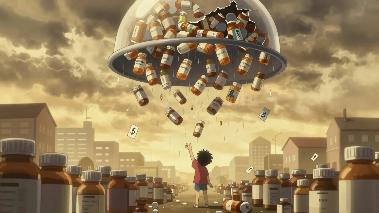 Hundreds of low-cost generic pills raining down as a child catches one, symbolizing affordable medicine access.