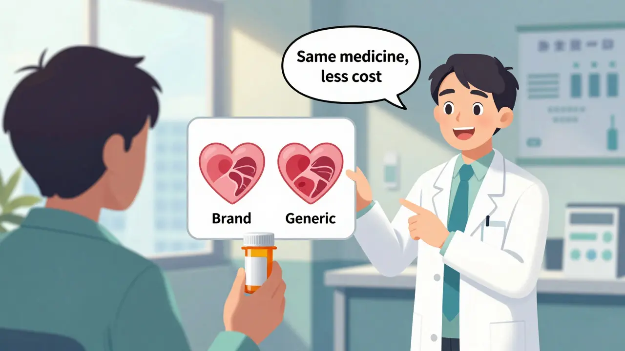Patient and pharmacist beside a simple infographic showing identical brand and generic medicines with the message 'Same medicine, less cost'.