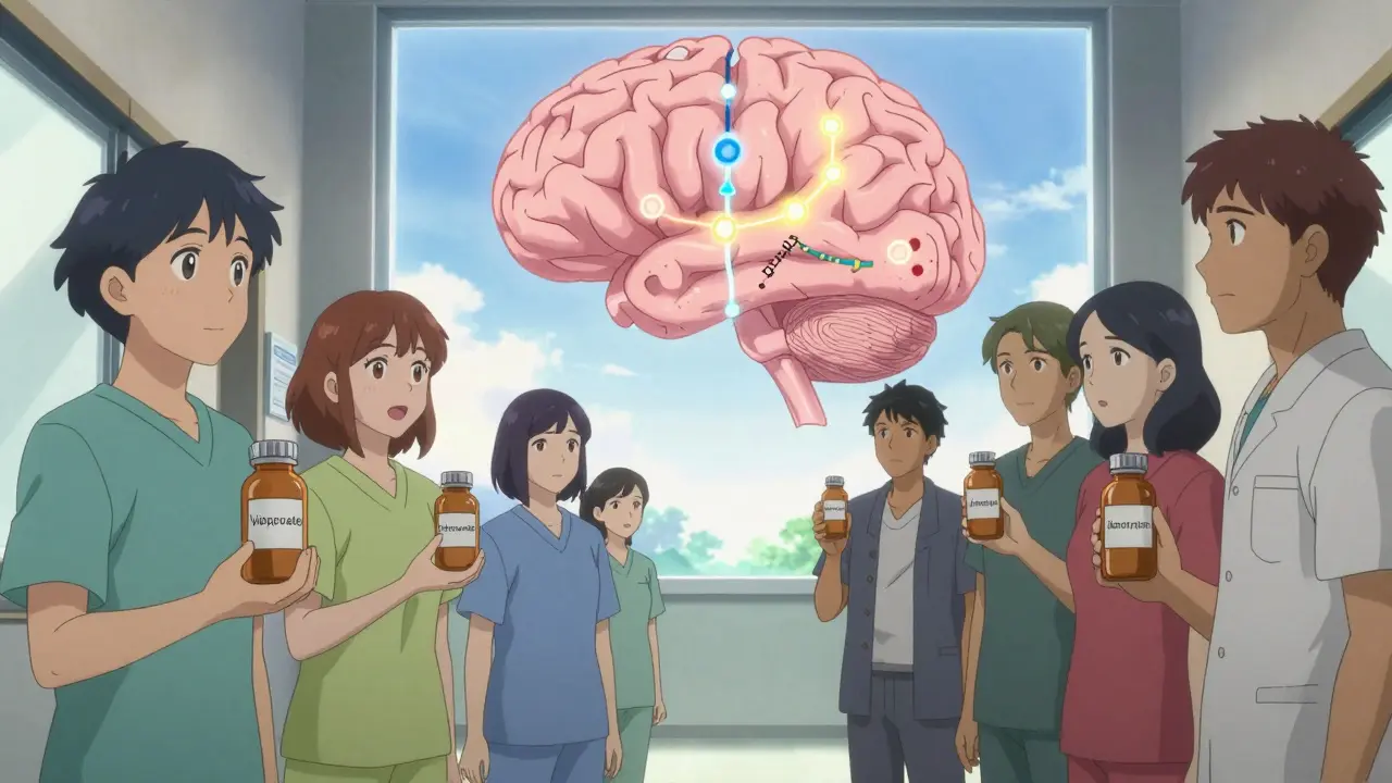 Patients holding medication bottles labeled for their seizure types, with brain pathways showing accurate vs. misclassified treatment.