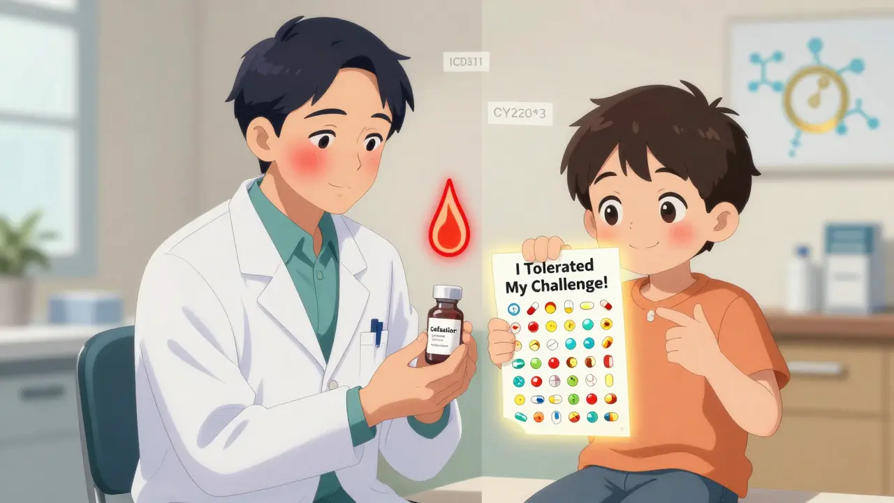 Pediatric allergist and child celebrating successful antibiotic challenge with safe drugs glowing nearby.