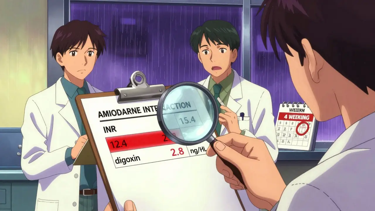 Pharmacist examining blood test with dangerously high INR and digoxin levels