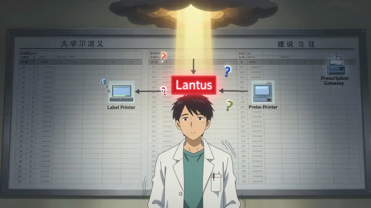 Pharmacist faces a wall of records with one red-labeled error, surrounded by icons showing system disconnects.