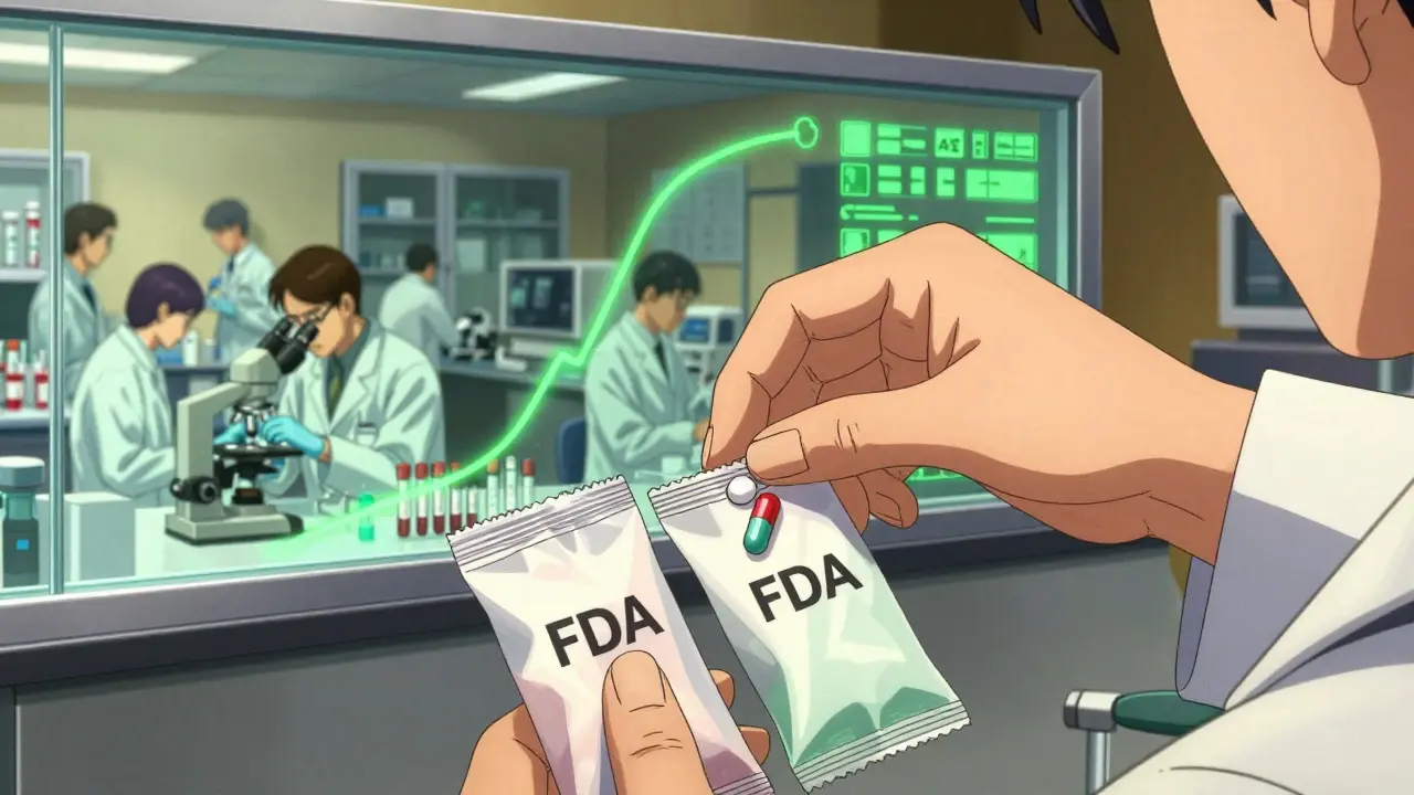 Pharmacist handing out generic and brand pills with FDA lab visible behind, blood analysis graphs glowing.