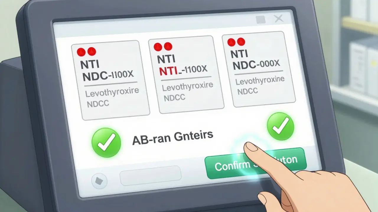 Pharmacy computer screen showing drug options with warning icons for NTI drugs and green checkmarks for AB-rated generics.