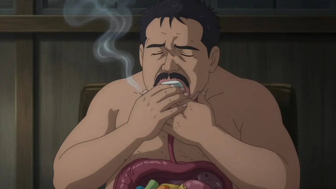 Smoking man with acid reflux damaging esophagus, obese.