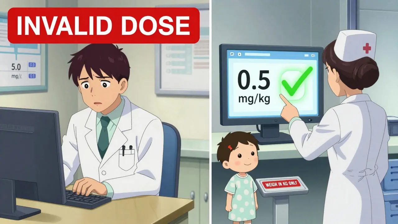 Split scene showing a dosing error corrected by a nurse, with a red alert turning to green verification on a hospital screen.