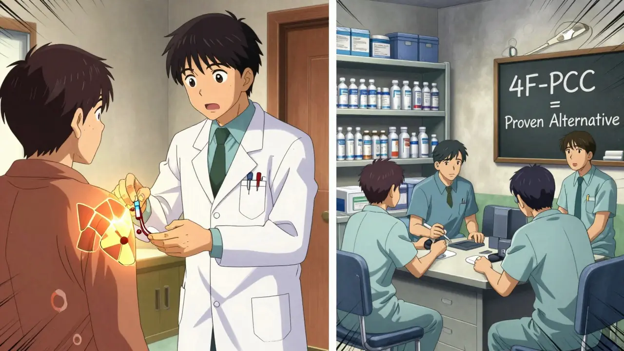 Split scene showing PCC and vitamin K reversing warfarin on left, and rural ER staff using PCC as primary option on right.