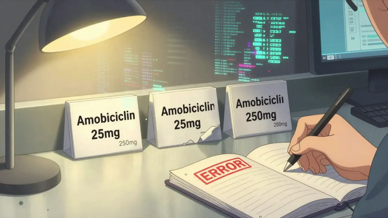 Three mislabeled Amoxicillin bottles on a counter with a journal noting the error, digital glitches visible.