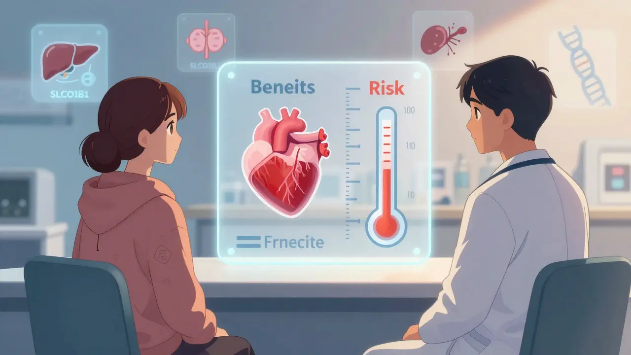 A doctor and patient discuss statin benefits and diabetes risk using a floating chart.