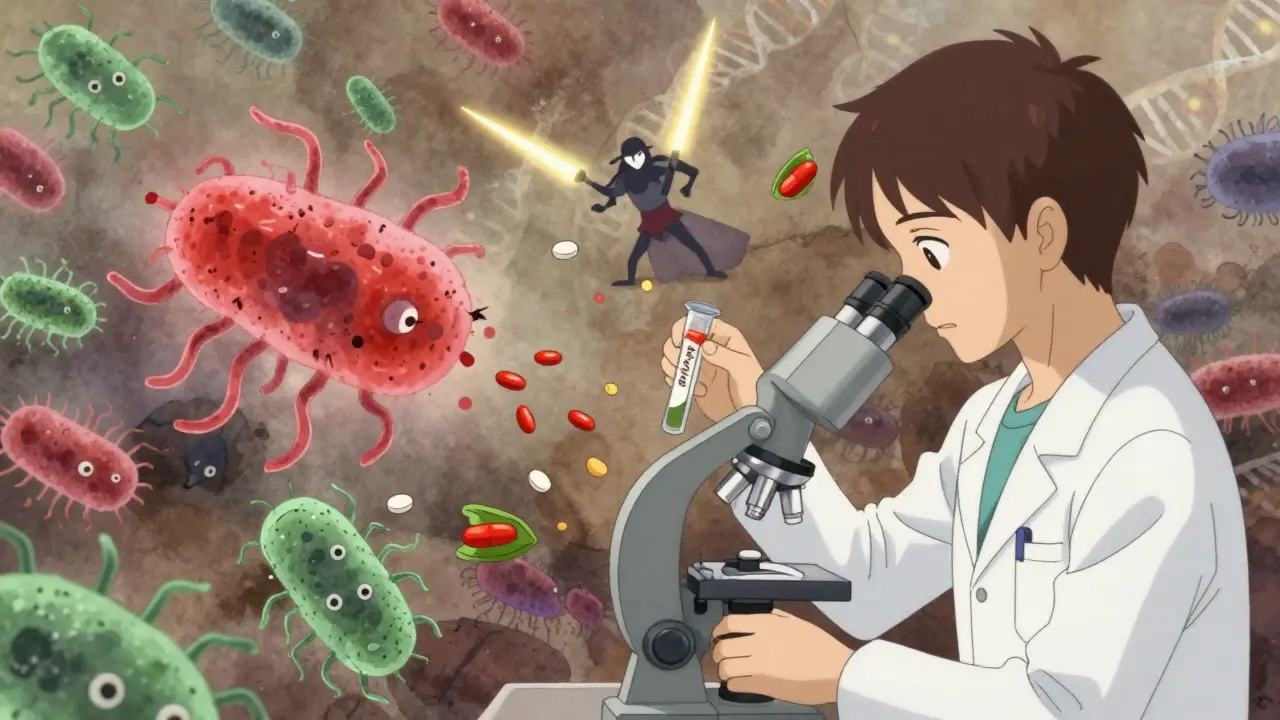 A doctor examining a stool sample as bacteria battle over drug molecules in a dreamlike overlay.