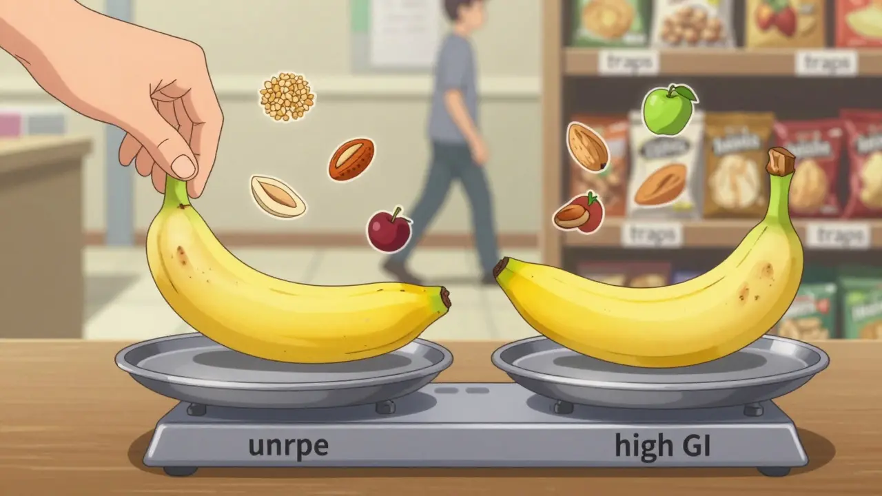 A hand placing a banana on a scale labeled unripe vs ripe, with whole foods floating nearby.