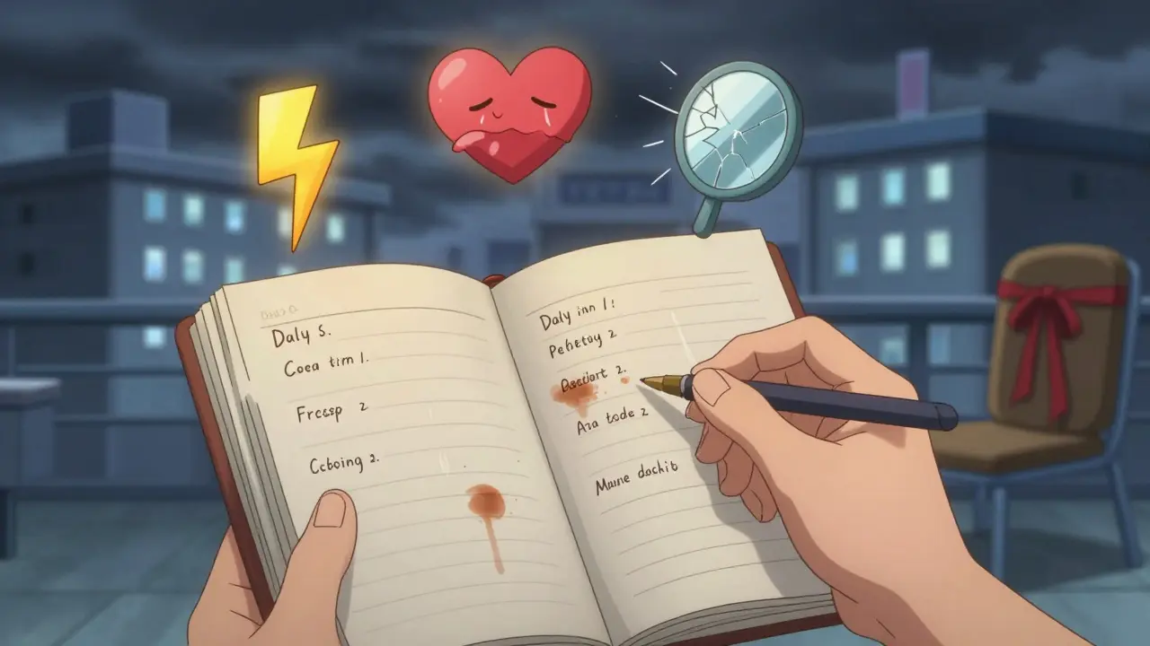 A journal with tear-stained mood entries floats alongside symbolic icons of psychiatric symptoms, under a stormy hospital sky.