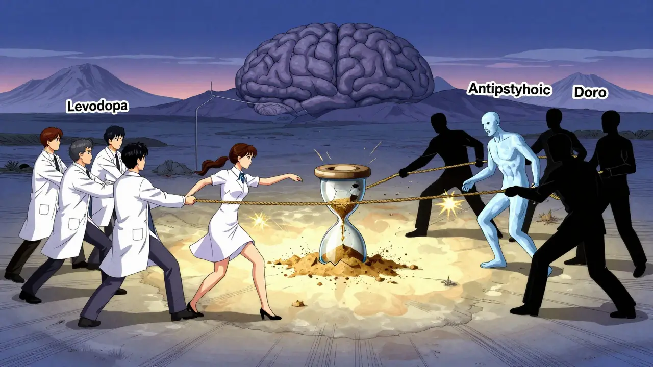 A neural tug-of-war between levodopa and antipsychotic forces, with a fraying rope and falling dopamine sand.