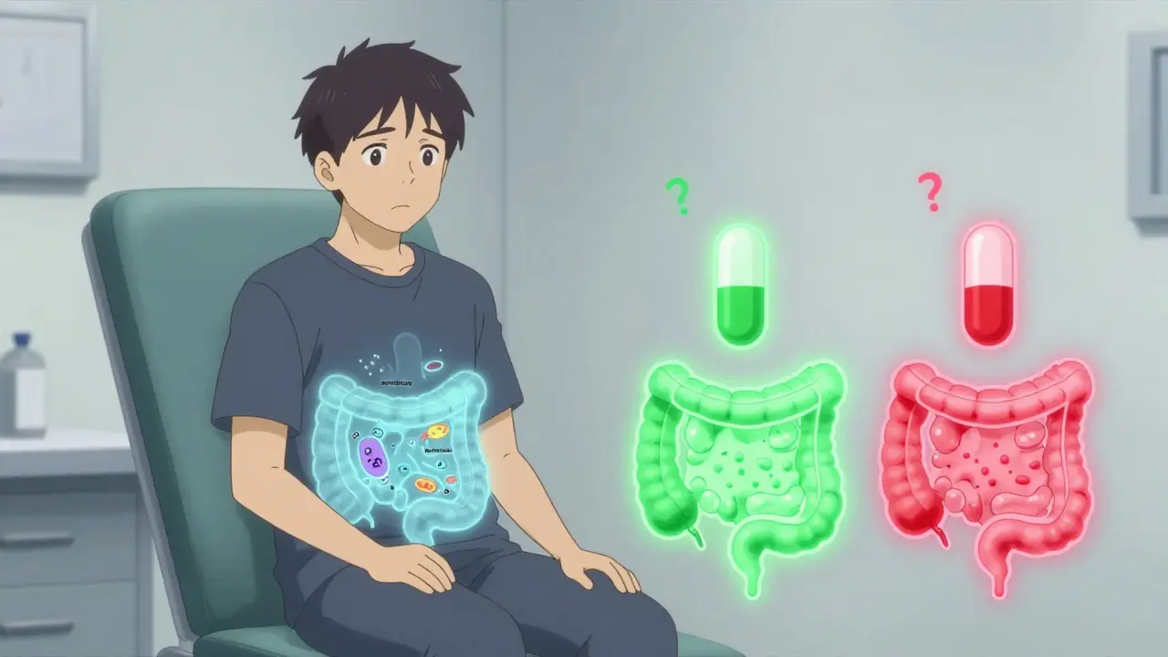 A patient's holographic gut showing how different bacteria affect drug metabolism.