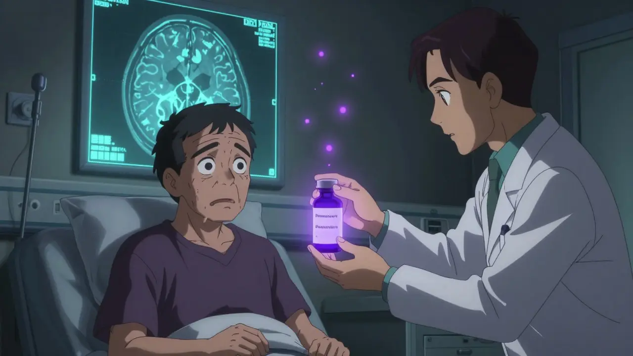 A patient with hallucinations calmed by a lavender glow from pimavanserin, while their hands still shake.