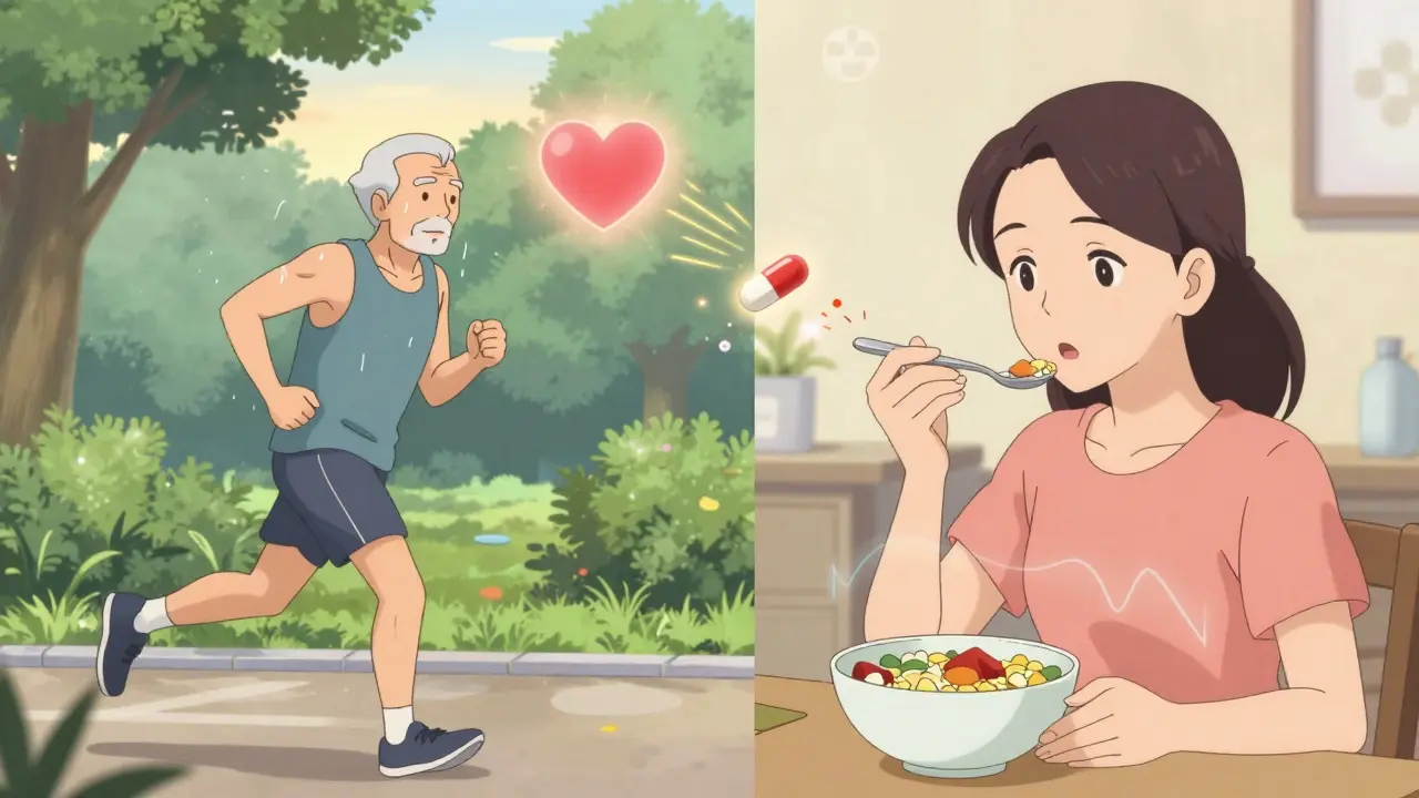 A split scene shows statins protecting a heart while slightly raising glucose, with lifestyle changes balancing the effect.