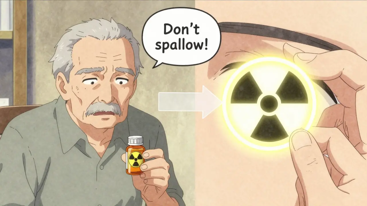 An elderly man confused by a radioactive symbol on a pill bottle, with an animated clarification showing eye drops instead of danger.
