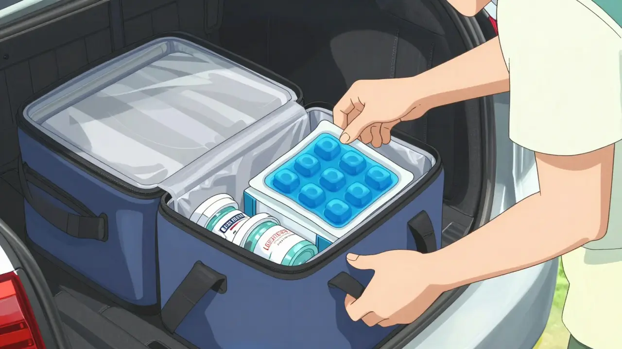Character packing an insulated travel cooler bag containing sensitive medical supplies outdoors.