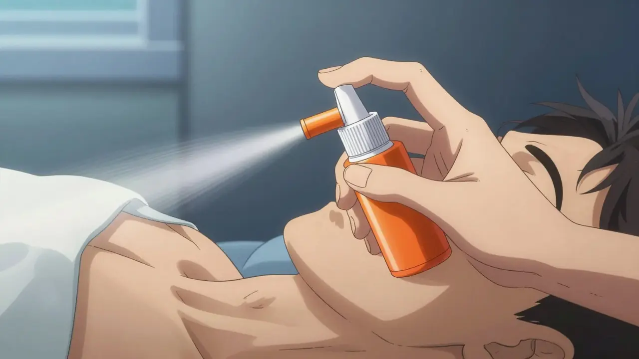 Hand administering nasal spray medication urgently.