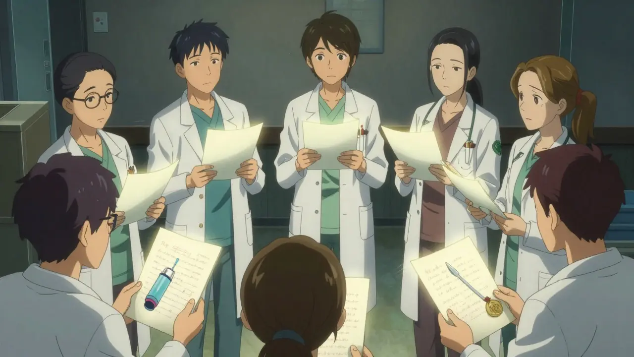 Medical students gather in a circle, holding personal journals that glow with memories of patients they’ve cared for.