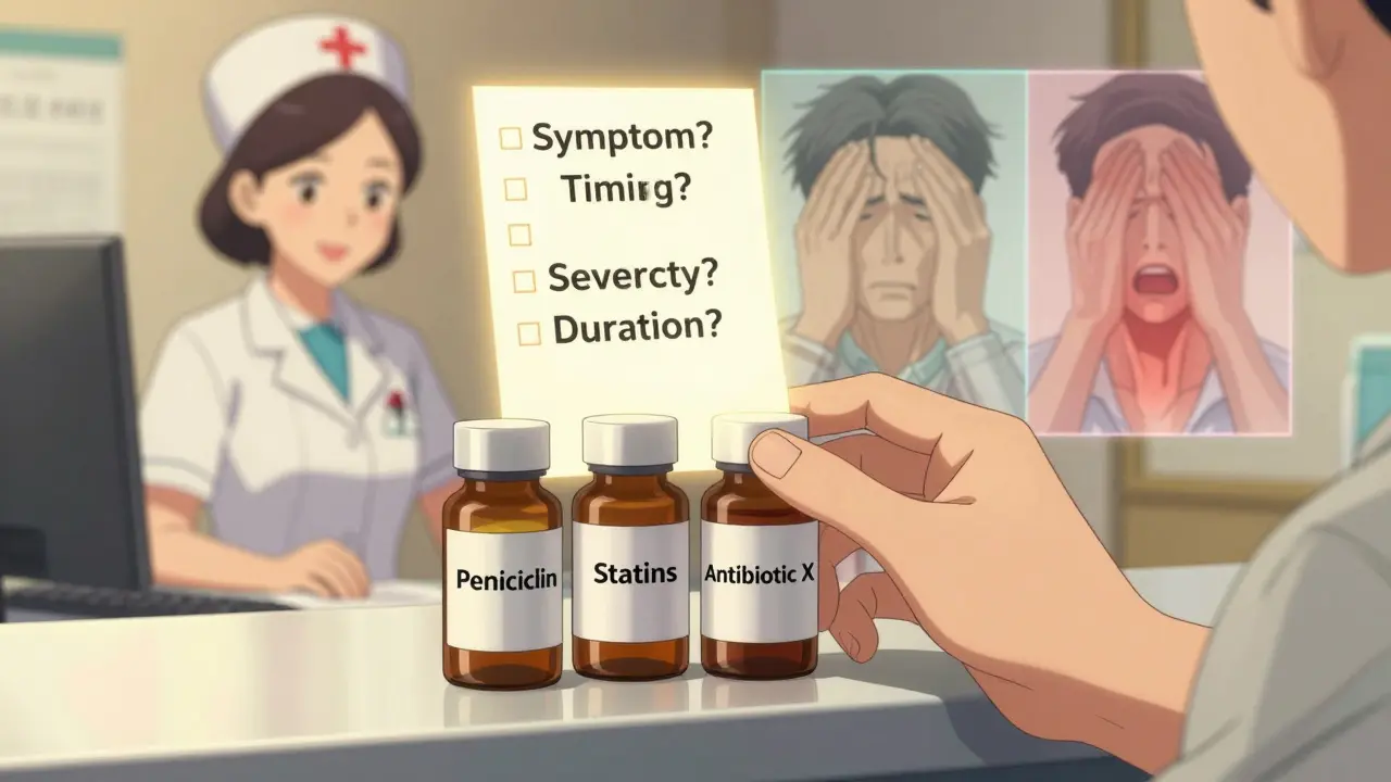 Medication bottles on a clinic counter with a glowing checklist guiding symptom tracking.