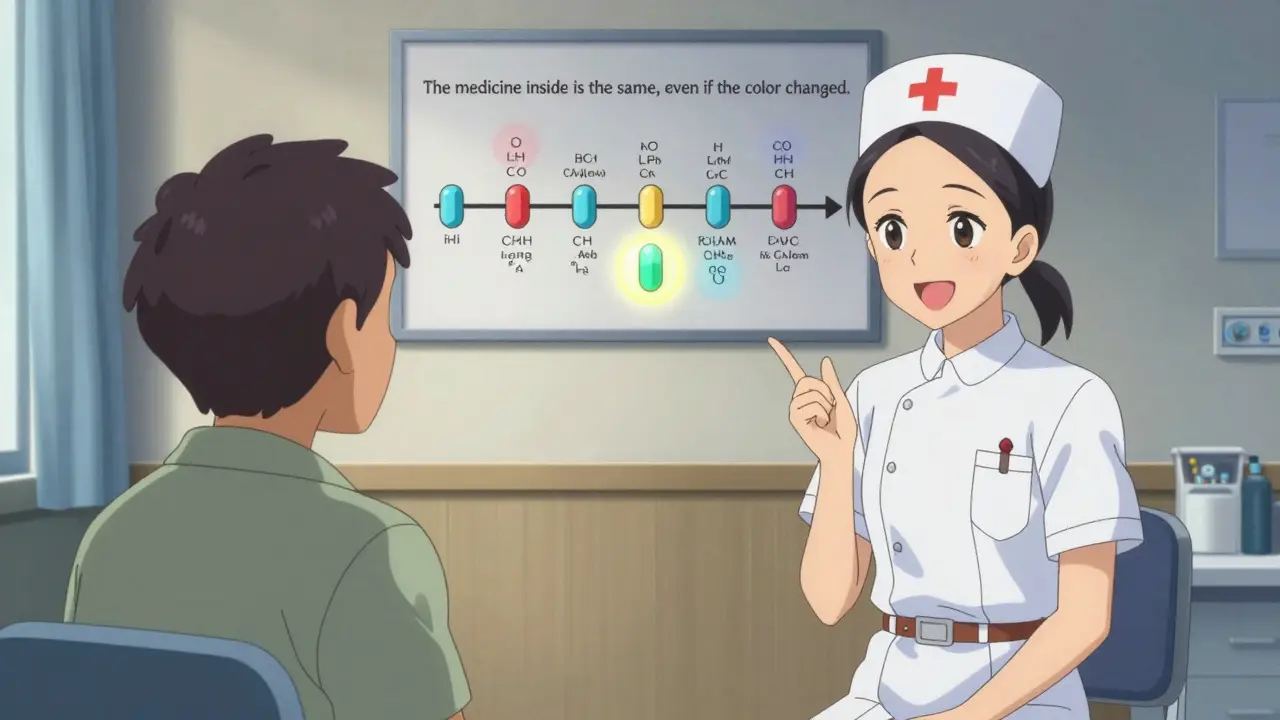 Nurse and patient engage in teach-back method, with visual aid showing identical active ingredients in differently colored pills.