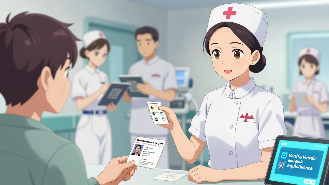 Nurse hands patient a generic medication passport card while tablet displays verification prompt in a busy ER setting.