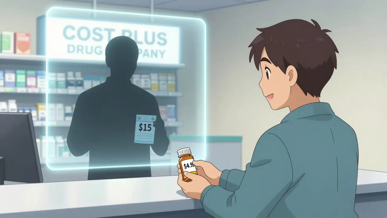 Patient pays .99 for medication while hidden PBM pockets  spread in transparent view.