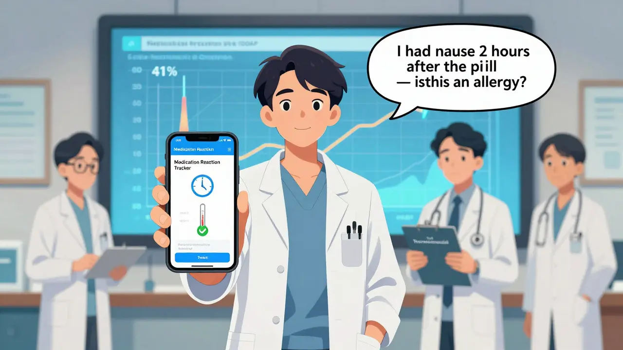 Patient uses a medication tracker app while medical team reviews data, emphasizing clear communication.