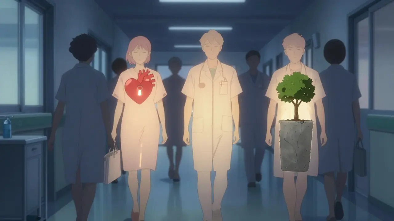 Patients and clinicians walk down a hospital hallway, their inner stories visible as glowing narratives intertwined along their paths.