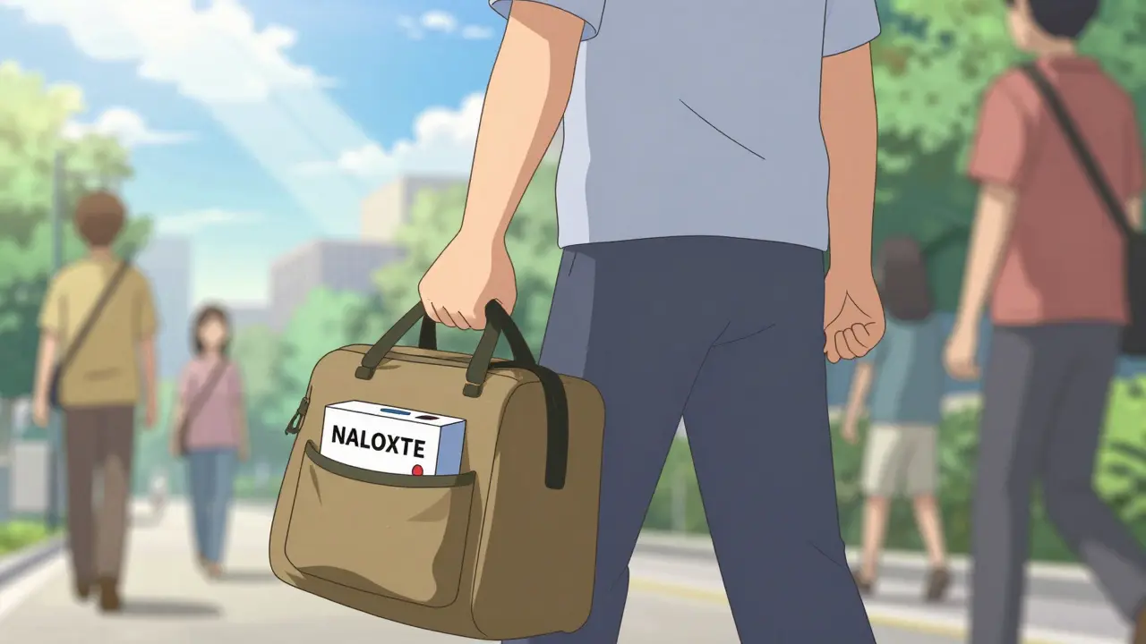 Person walking with emergency kit in bag.