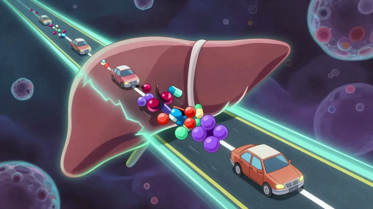 Stylized biological illustration of enzyme pathway blocked by drug molecules.