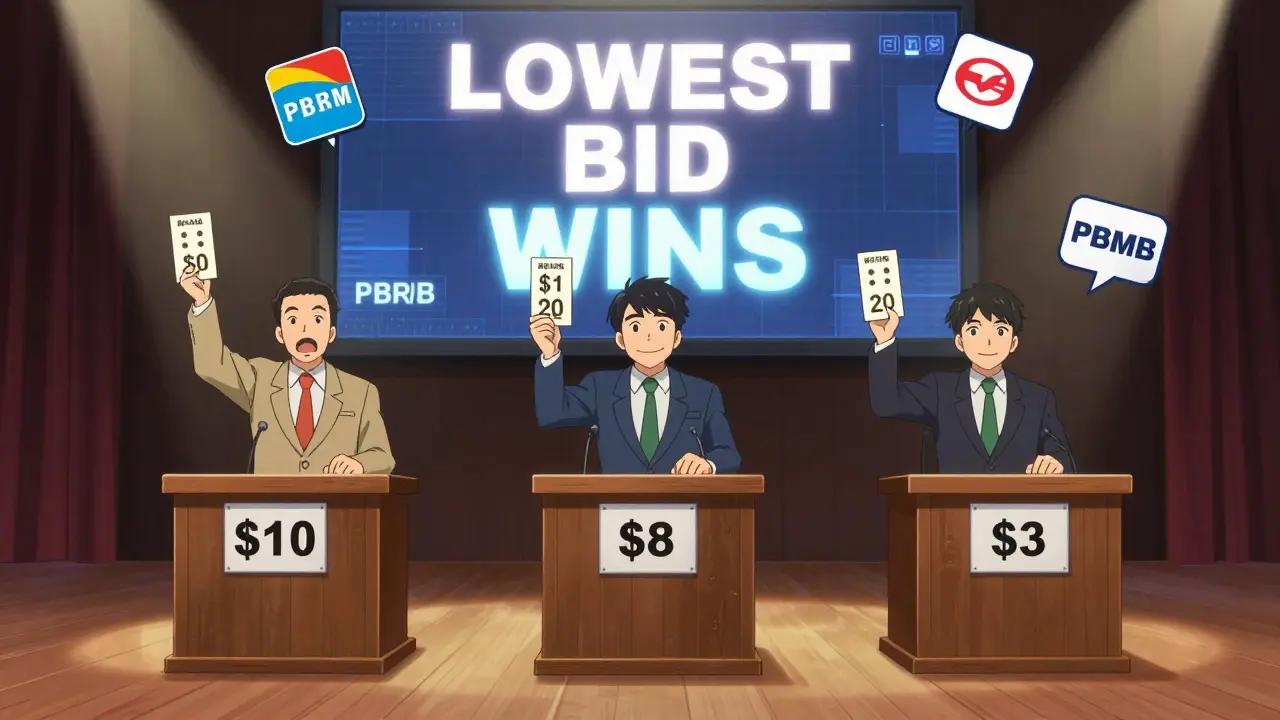 Three manufacturers bidding in an auction hall with digital price screen showing , , .