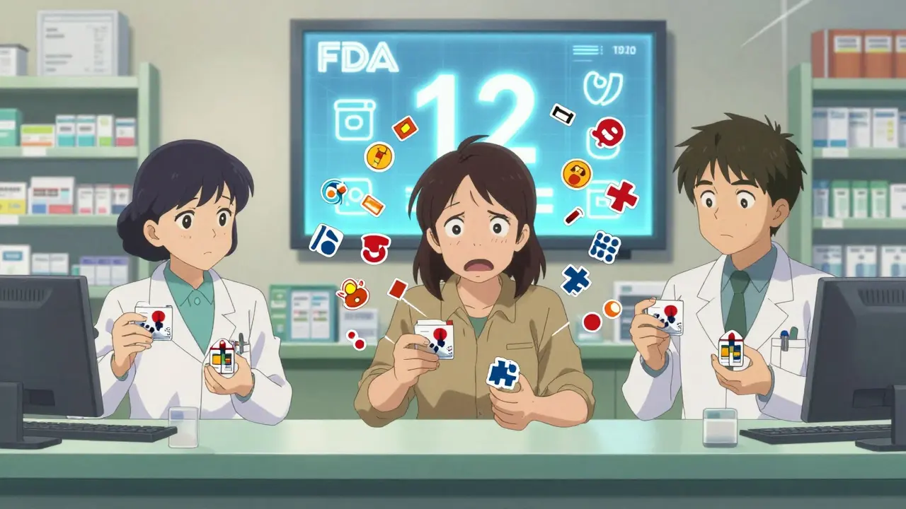 Three pharmacists giving the same medicine with different warning labels, while a patient is overwhelmed by floating, chaotic icons.